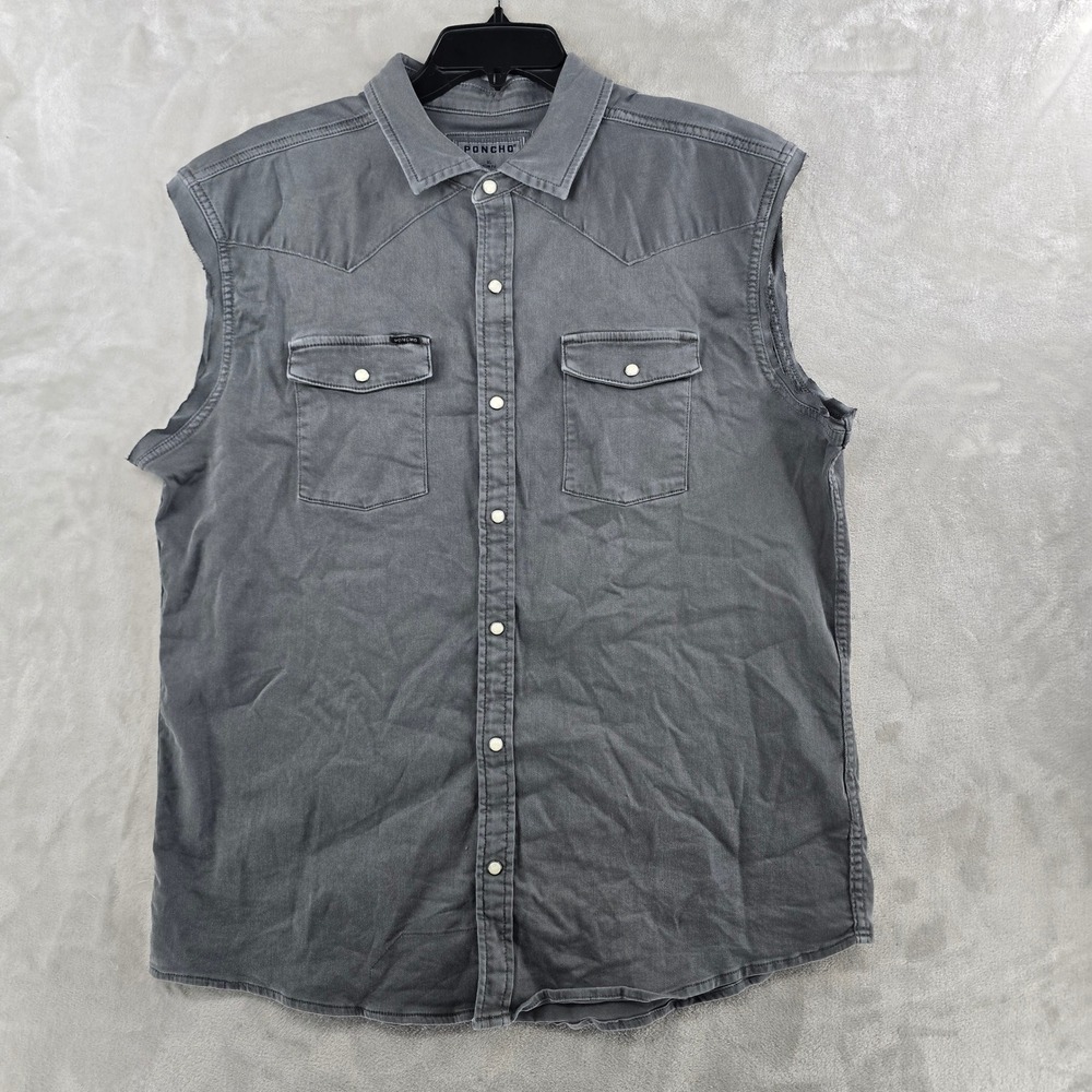 Poncho Western Denim Vest Shirt Men XL Gray Sleeveless Pearl Snap Slim Fit **